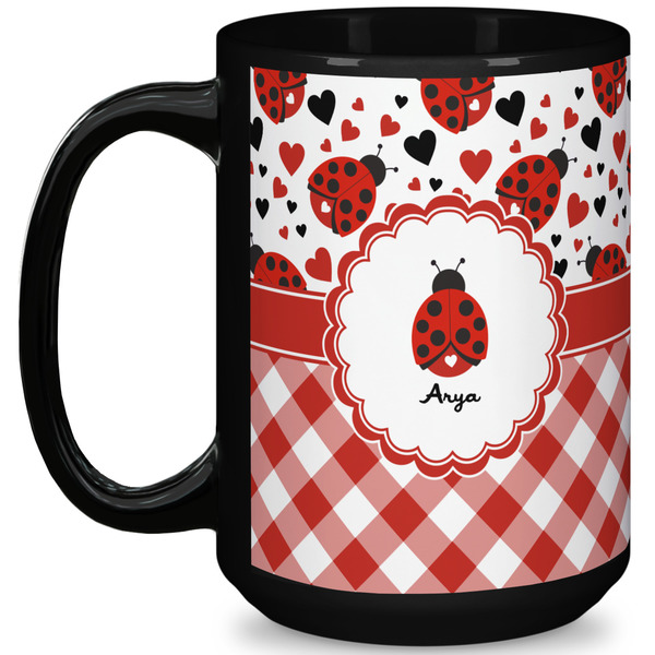 Custom Ladybugs & Gingham 15 Oz Coffee Mug - Black (Personalized)