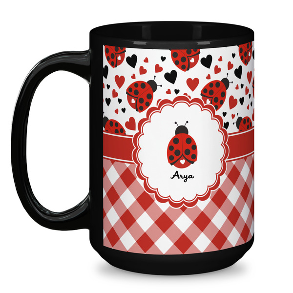 Ladybugs & Gingham Coffee Mug - 15 oz - Black