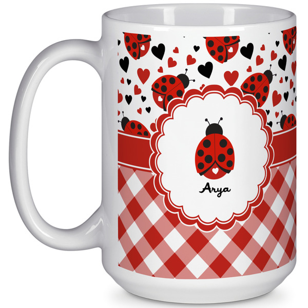 Custom Ladybugs & Gingham 15 Oz Coffee Mug - White (Personalized)