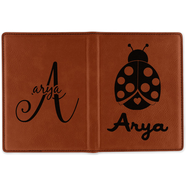 Ladybugs & Gingham Cognac Leather Passport Holder Outside Double Sided - Apvl