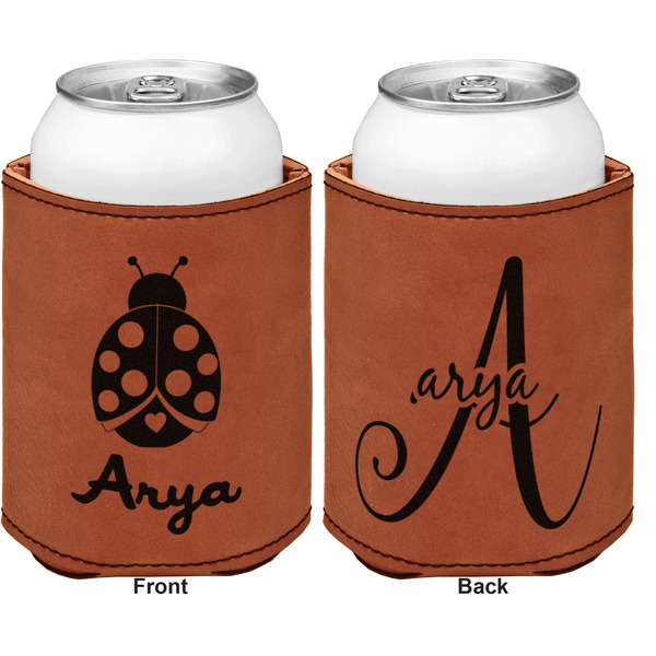Ladybugs & Gingham Cognac Leatherette Can Sleeve - Double Sided Front and Back