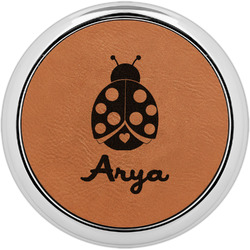 Ladybugs & Gingham Leatherette Round Coaster w/ Silver Edge - Single or Set (Personalized)
