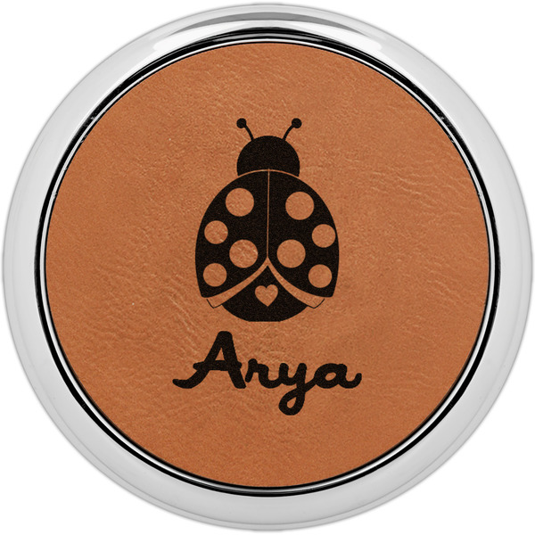 Custom Ladybugs & Gingham Leatherette Round Coaster w/ Silver Edge (Personalized)