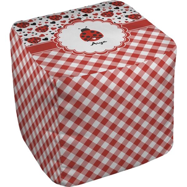 Custom Ladybugs & Gingham Cube Pouf Ottoman - 13" (Personalized)