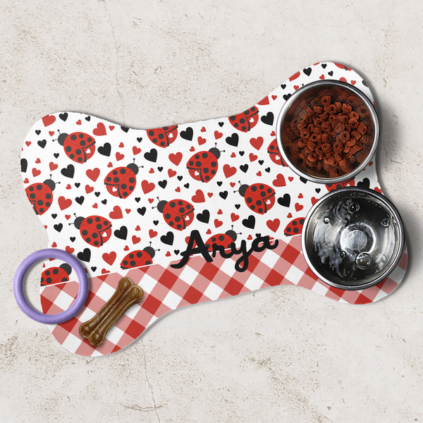 Ladybugs & Gingham Dog Bone Shaped Mat Lifestyle