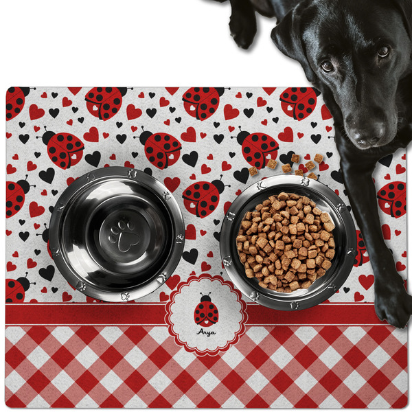 Custom Ladybugs & Gingham Dog Food Mat - Large w/ Name or Text