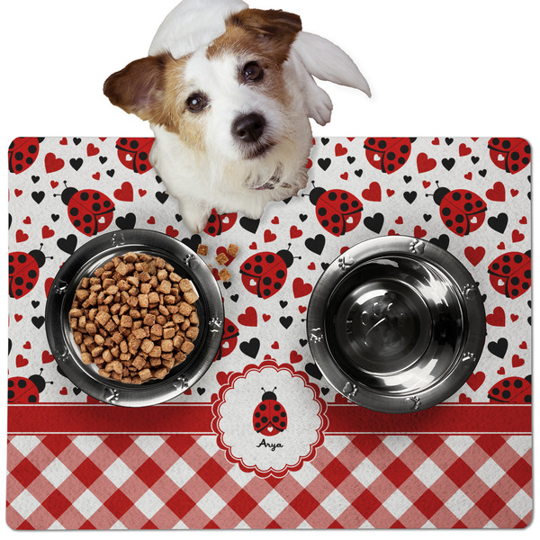 Custom Ladybugs & Gingham Dog Food Mat - Medium w/ Name or Text