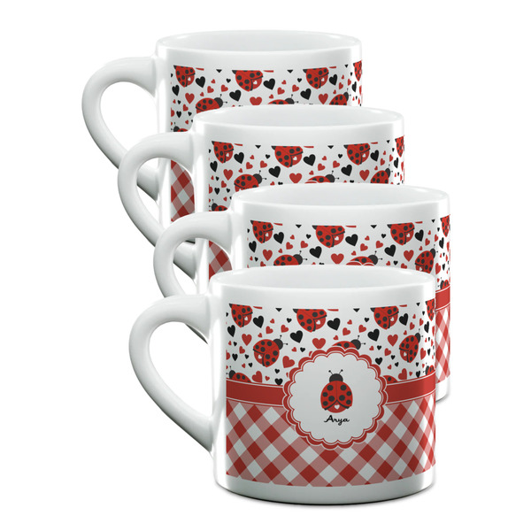 Custom Ladybugs & Gingham Double Shot Espresso Cups - Set of 4 (Personalized)