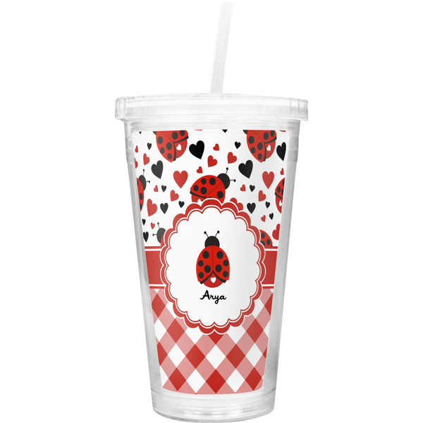 Custom Ladybugs & Gingham Double Wall Tumbler with Straw (Personalized)