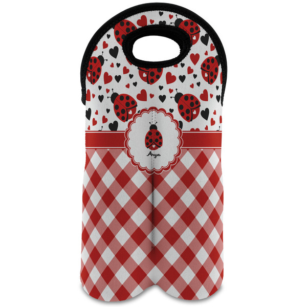 Custom Ladybugs & Gingham Wine Tote Bag (2 Bottles) (Personalized)