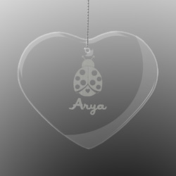 Ladybugs & Gingham Engraved Glass Ornament - Heart (Personalized)