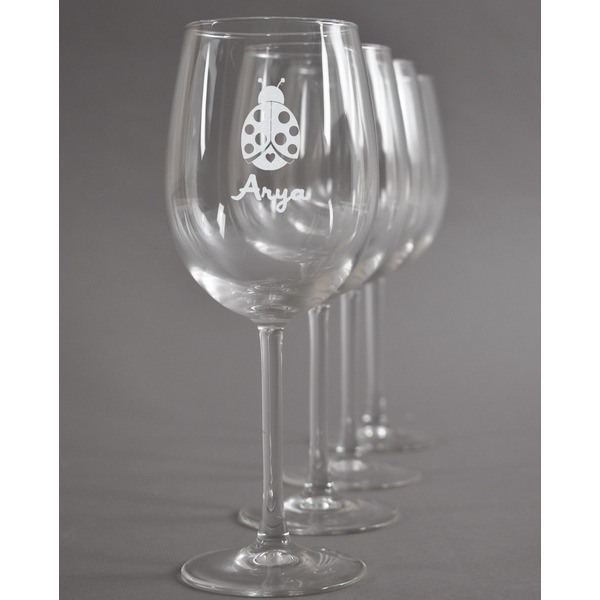 Custom Ladybugs & Gingham Wine Glasses (Set of 4) (Personalized)