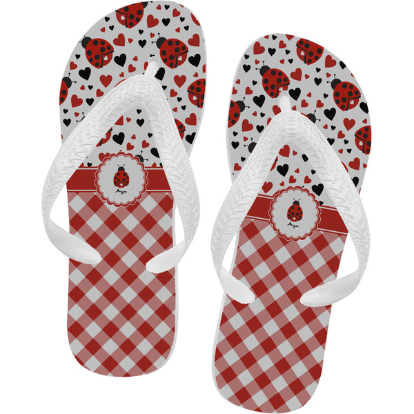 Custom Ladybugs & Gingham Flip Flops - Large (Personalized)