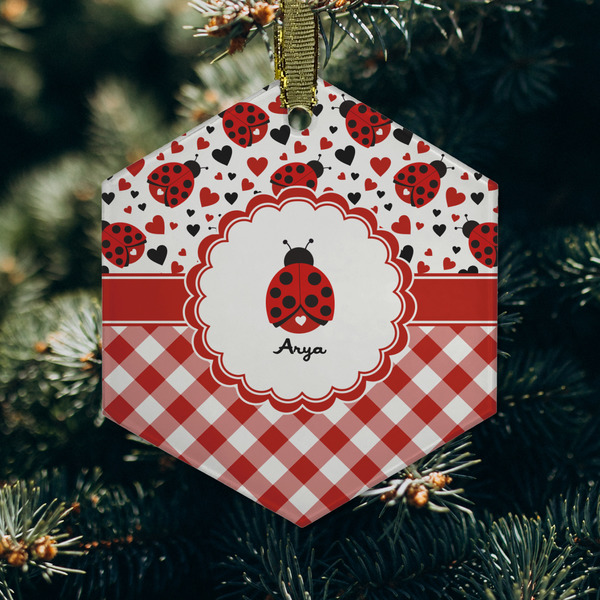 Ladybugs & Gingham Frosted Glass Ornament - Hexagon (Lifestyle)