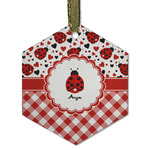 Ladybugs & Gingham Flat Glass Ornament - Hexagon w/ Name or Text