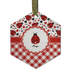 Ladybugs & Gingham Flat Glass Ornament - Hexagon w/ Name or Text