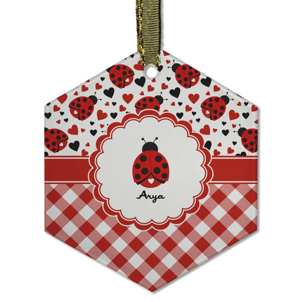 Custom Ladybugs & Gingham Flat Glass Ornament - Hexagon w/ Name or Text