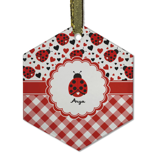 Ladybugs & Gingham Frosted Glass Ornament - Hexagon