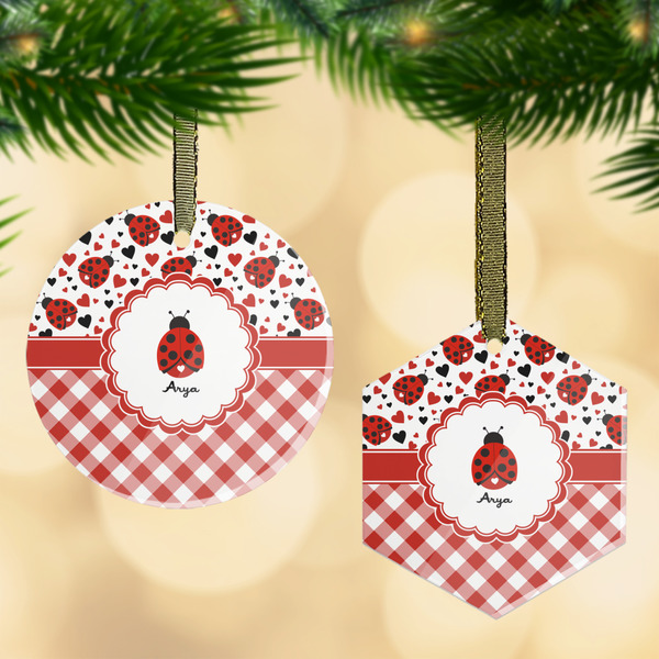 Custom Ladybugs & Gingham Flat Glass Ornament w/ Name or Text