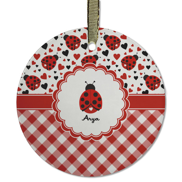 Custom Ladybugs & Gingham Flat Glass Ornament - Round w/ Name or Text