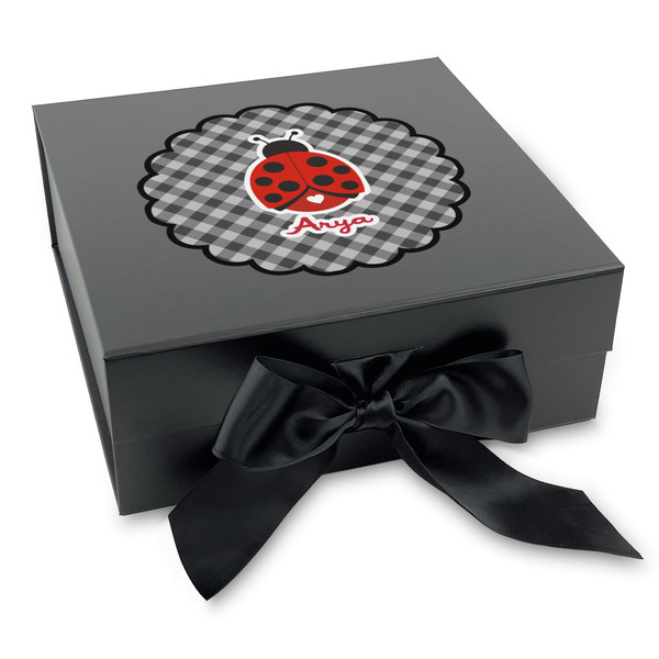 Custom Ladybugs & Gingham Gift Box with Magnetic Lid - Black (Personalized)