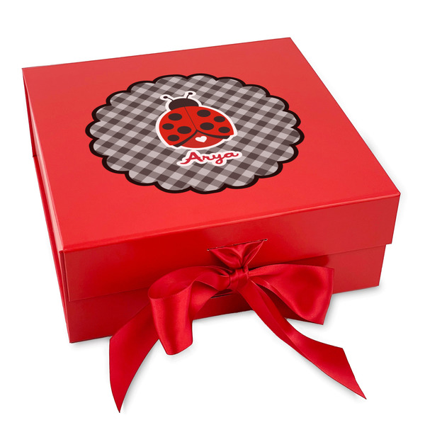 Custom Ladybugs & Gingham Gift Box with Magnetic Lid - Red (Personalized)