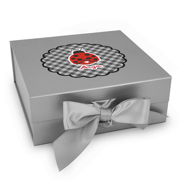 Custom Ladybugs & Gingham Gift Box with Magnetic Lid - Silver (Personalized)