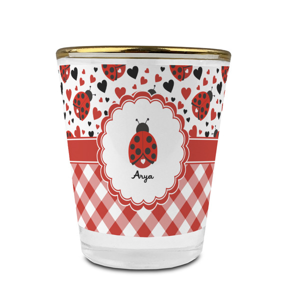 Ladybugs & Gingham Glass Shot Glass - With gold rim - FRONT