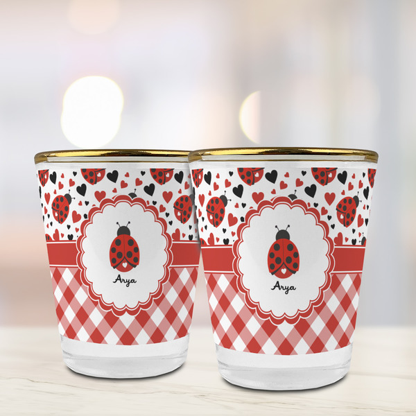 Ladybugs & Gingham Glass Shot Glass - with gold rim - LIFESTYLE