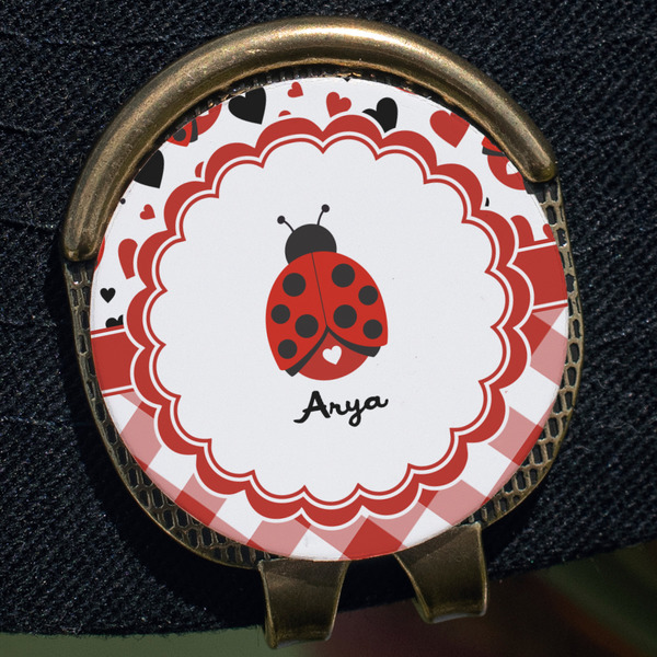 Ladybugs & Gingham Golf Ball Marker Hat Clip - Gold - Close Up