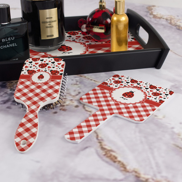 Ladybugs & Gingham Hair Brush and Hand Mirror - Bathroom Scene