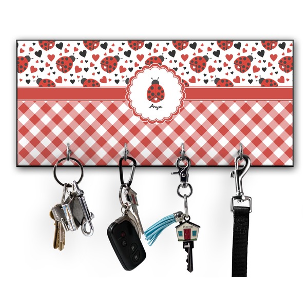 Custom Ladybugs & Gingham Key Hanger w/ 4 Hooks w/ Graphics and Text