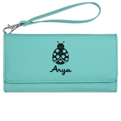 Ladybugs & Gingham Ladies Leatherette Wallet - Laser Engraved- Teal (Personalized)