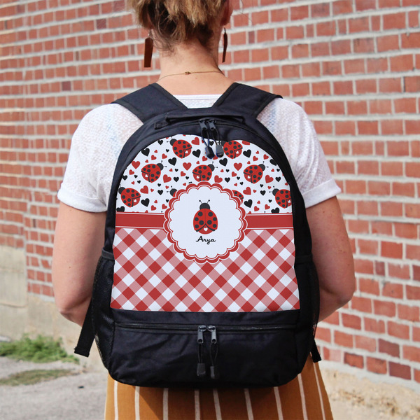 Ladybugs & Gingham Large Backpack - Black - On Back