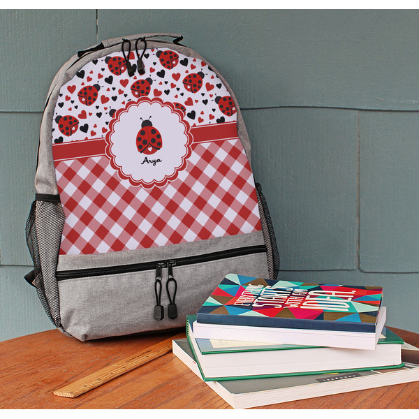 Ladybugs & Gingham Large Backpack - Gray - On Desk