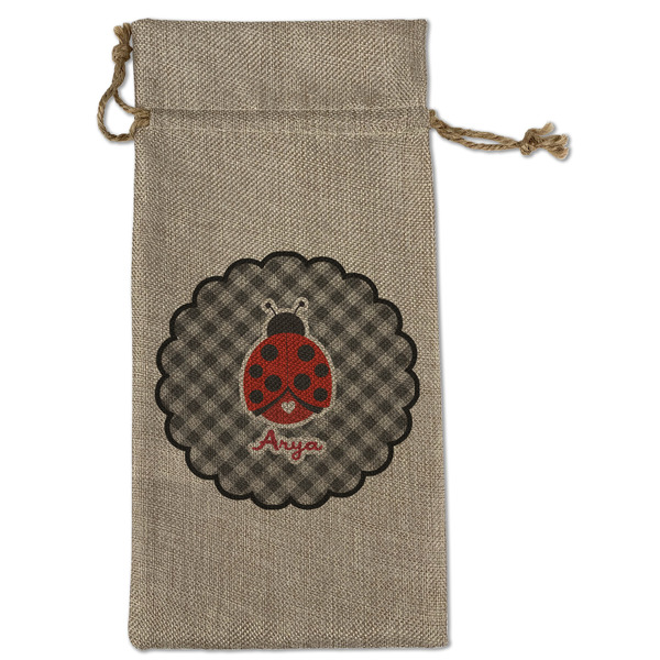 Custom Ladybugs & Gingham Large Burlap Gift Bag - Front (Personalized)
