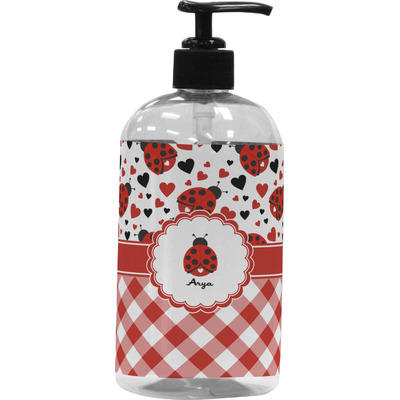Ladybugs & Gingham Plastic Soap / Lotion Dispenser (16 oz - Large - Black) (Personalized)