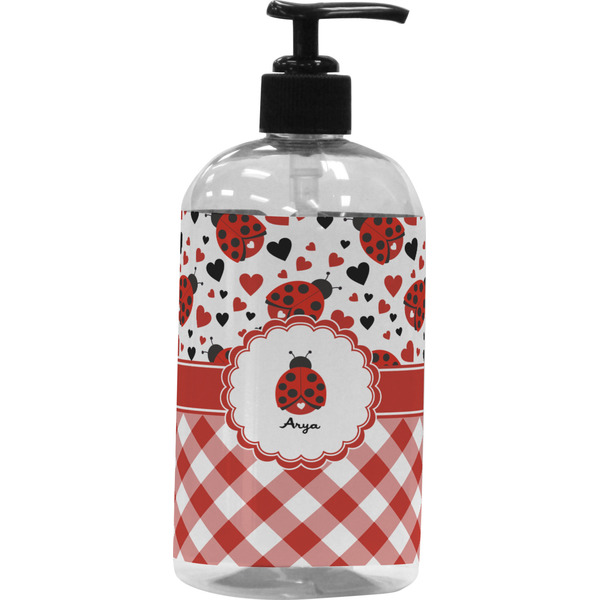 Custom Ladybugs & Gingham Plastic Soap / Lotion Dispenser (16 oz - Large - Black) (Personalized)