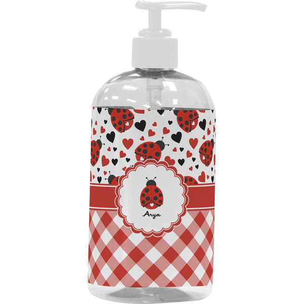 Custom Ladybugs & Gingham Plastic Soap / Lotion Dispenser (16 oz - Large - White) (Personalized)