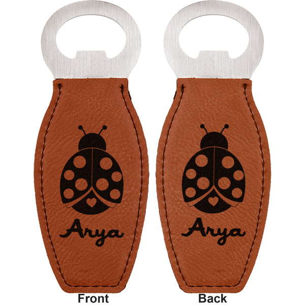 Ladybugs & Gingham Leather Bar Bottle Opener - Front and Back