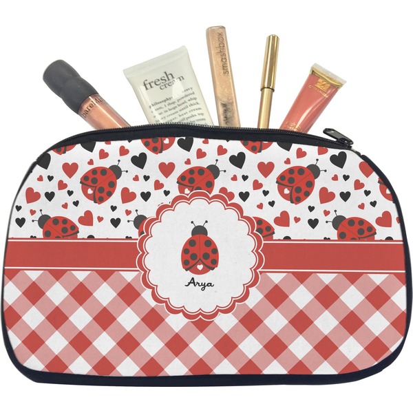 Custom Ladybugs & Gingham Makeup / Cosmetic Bag - Medium (Personalized)