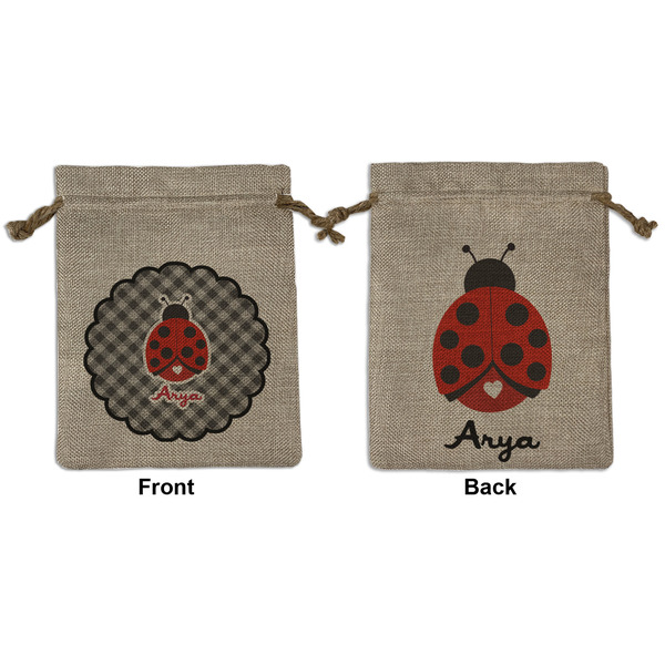 Custom Ladybugs & Gingham Medium Burlap Gift Bag - Front & Back (Personalized)