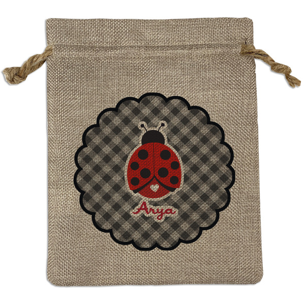 Custom Ladybugs & Gingham Burlap Gift Bag (Personalized)