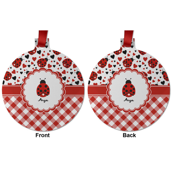 Ladybugs & Gingham Metal Ball Ornament - Front and Back