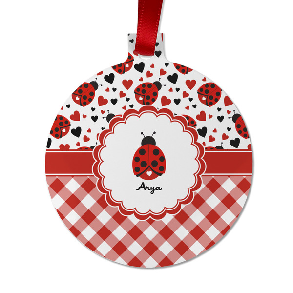 Custom Ladybugs & Gingham Metal Ball Ornament - Double Sided w/ Name or Text