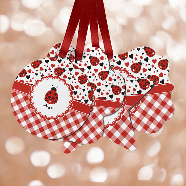 Custom Ladybugs & Gingham Metal Ornaments - Double Sided w/ Name or Text