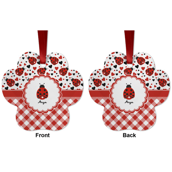 Ladybugs & Gingham Metal Paw Ornament - Front and Back