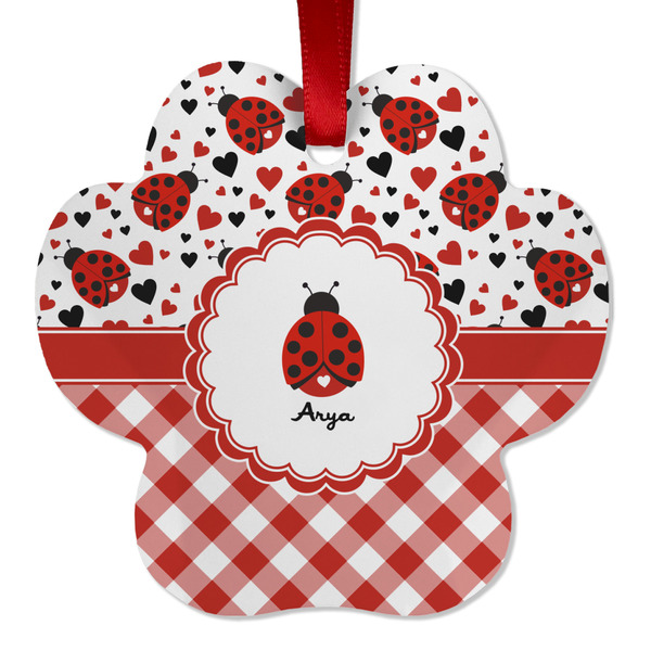 Custom Ladybugs & Gingham Metal Paw Ornament - Double Sided w/ Name or Text