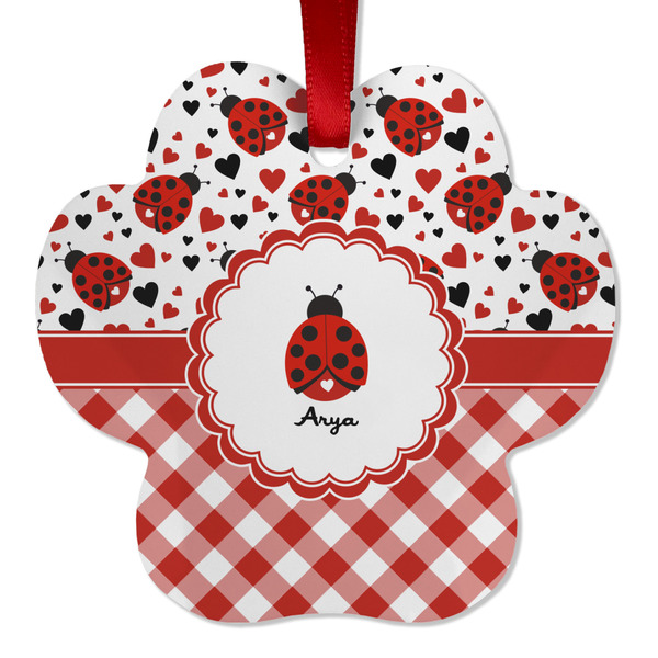 Ladybugs & Gingham Metal Paw Ornament - Front