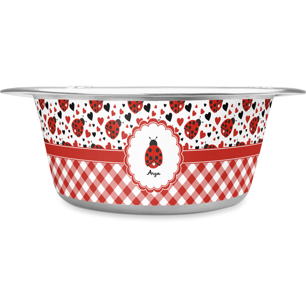 Custom Ladybugs & Gingham Stainless Steel Dog Bowl - Large (Personalized)